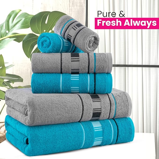 CASA COPENHAGEN X Line 6Pcs 100% Egyptian Cotton Large Designer Towels Gift Set- Silver Grey - Teal, 600 GSM, 2Bath 2Hand 2Washcloths, Bath Towels for Bathroom (Gift Set for Women & Men)