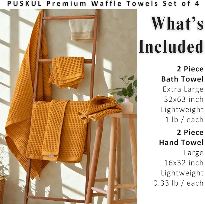 PÜSKÜL 4-Piece Natural 100% Turkish Cotton Luxury Waffle Towels for Bathroom | Premium Honeycomb Weave 2 Hand Towel & 2 Bath Towel Set | Soft Absorbent Quick-Dry Lightweight Towels (Mustrad Yellow)