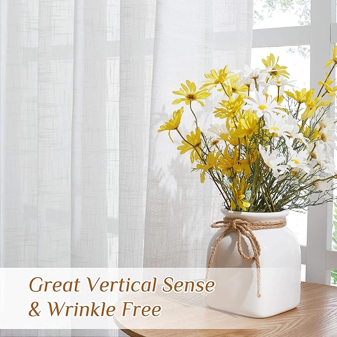 NICETOWN White Faux Linen Semi Sheer Curtains 63 inch Length for Bedroom, Rod Pocket & Back Tab Window Treatments Privacy with Light Filter Farmhouse Sheer Drapes for Living Room, 52" Width, 1 Pair