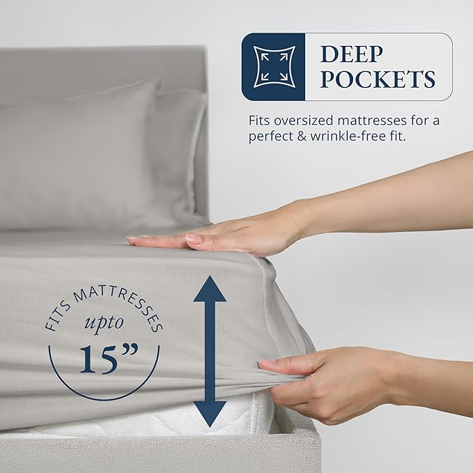 LANE LINEN King Fitted Sheet, 100% Organic Cotton, 3-Piece Set (1 Fitted Sheet,2 Pillowcases), Percale Weave, Ultra Soft, Breathable,Fits Mattress Upto 15" Deep - Silver (No Flat Sheet)