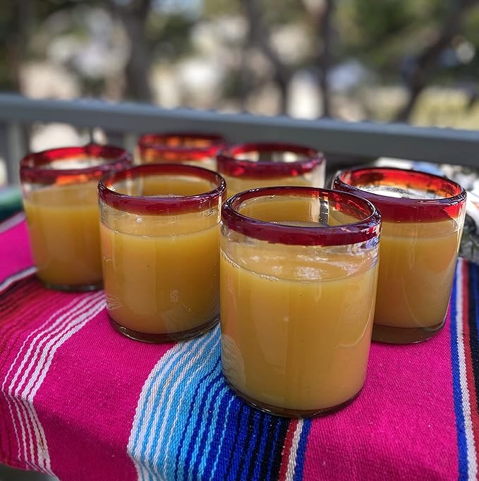 Dos Sueños Hand Blown Mexican Drinking Glasses - Set of 6 Tumbler Glasses with Red Rims (10 oz each)