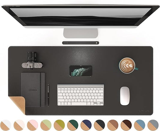 RENMTURE Dual-Sided Mouse Pad, Natural Cork & PU Leather Large Desk Pad for Office and Home Work, Desk Protector Non-Slip, Waterproof, Easy Clean (Black, 36"x17")
