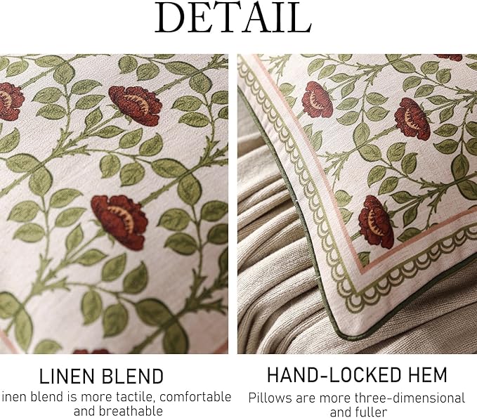 ISAENNE Design Linen Square Throw Pillow Covers 18"x18" Pack of 2, Yellow Green French Cushion Covers with Red Rose Floral Pattern Decoration Pillowcases for Bed, Living Room, Outdoor, Car