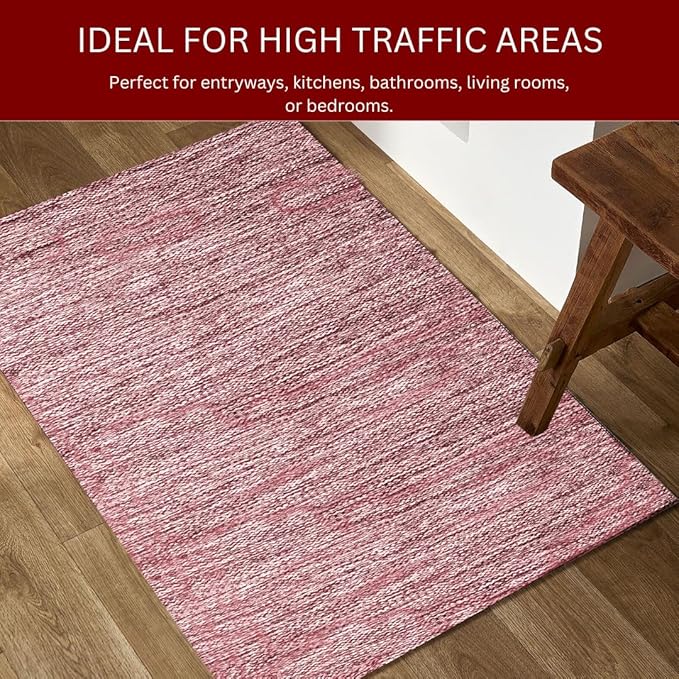 Hand Woven Area Rug 2x3 Feet - Rustic Farmhouse Bohemian Accent Rug for Living Room Bedroom Kitchen Entryway Floor Mats - Ideal for High Traffic Areas 100% Cotton Rag Rug Red
