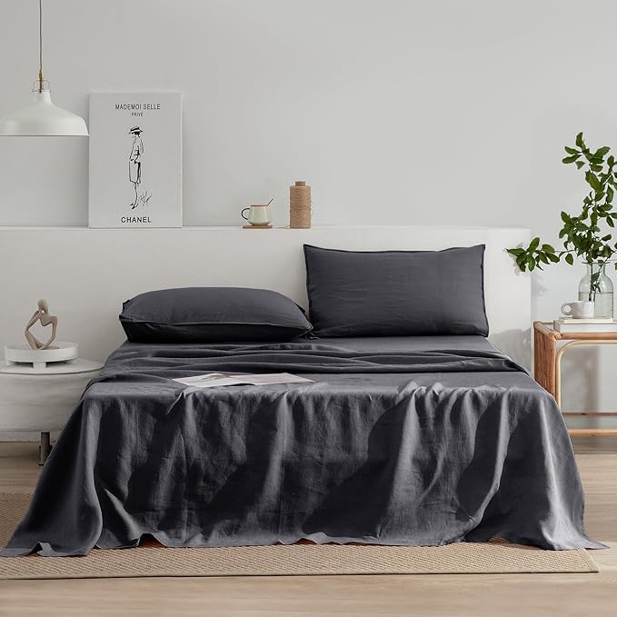 EVERLY Linen Sheets Set King Size,100% French Stonewash Pure Linen Bed Sheets,4Pieces (1Flat Sheet,1Fitted Sheet,2Pillowcase) Suitable for Hot Sleepers,Deep Pocket Natural Bedding Set-Dark Grey