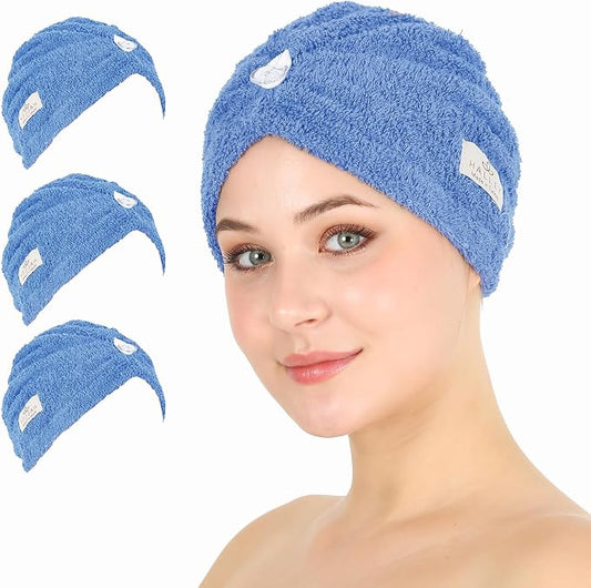 HALLEY Cotton Hair Towel Wrap (3 Packs) Super Absorbent Fast Drying Hair Towel for Thick Hair Turbans for Wet Hair with Button (Blue)