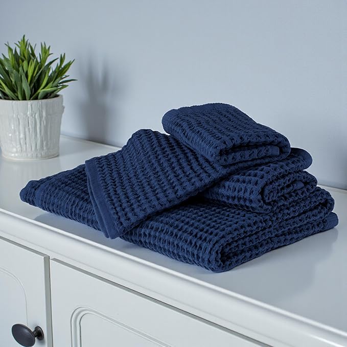 DEMMEX Organic Cotton Waffle Weave Turkish Towel Set for Bathroom, 1 Bath & 2 Large Hand Towels, 100% Oeko-TEX Certified Premium Turkish Cotton, Super Soft Lightweight Quick Dry (Navy Blue)