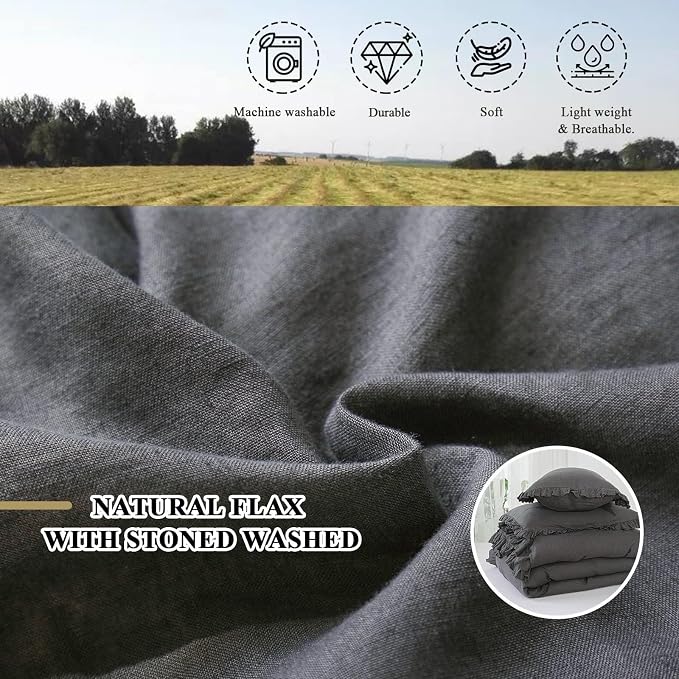Simple&Opulence 100% Linen Duvet Cover Set, 3 PCS Natural French Flax Dark Grey Ruffle Duvet Cover Queen Size, Breathable Comfy Linen Bedding Comforter Cover with 2 Pillowcases (Dark Grey, 88" X 92")