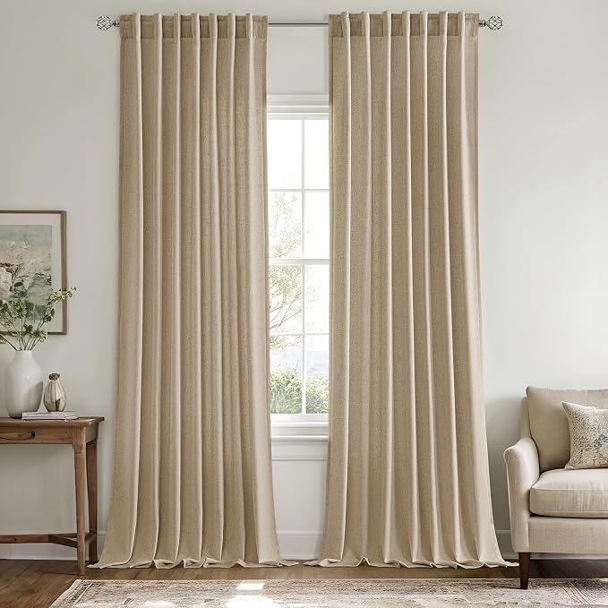 MIULEE Non-See-Through Privacy Linen Curtains 2 Panels, Light Filtering Window Curtains Farn House Textured Back Tab Semi Sheer Drapes for Bedroom Living Room, 52 x 108 Inches Long, Copper Brown