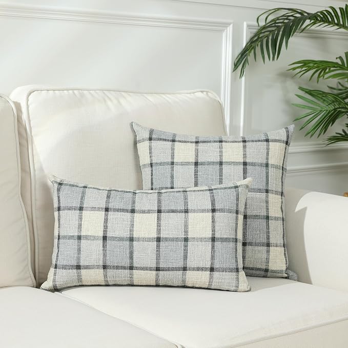 Stellhome Pack of 2 Faux Linen Buffalo Check Throw Pillow Covers, Farmhouse Plaid Decorative Cushion Covers for Couch Sofa Living Room, 24x24 Inch, Light Grey