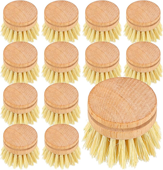 12 Pcs Bamboo Dish Brush Replacement Heads, Small Wooden Dish Brushes for Cleaning Natural Sisal Bristle Refills Eco Friendly Wood Compostable Scrubber Heads for Kitchen Dishes Cleaning Supplies