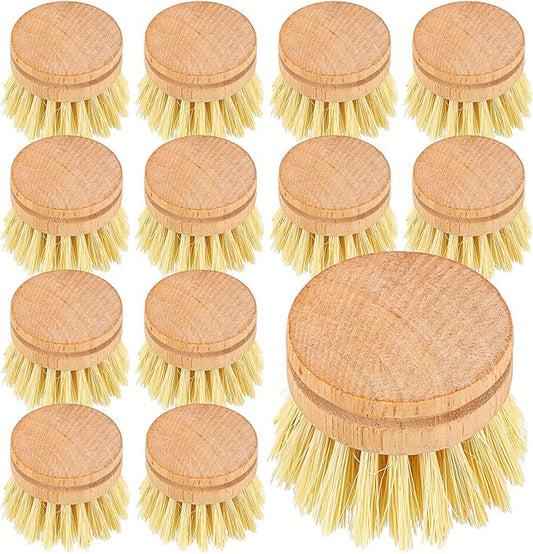 12 Pcs Bamboo Dish Brush Replacement Heads, Small Wooden Dish Brushes for Cleaning Natural Sisal Bristle Refills Eco Friendly Wood Compostable Scrubber Heads for Kitchen Dishes Cleaning Supplies