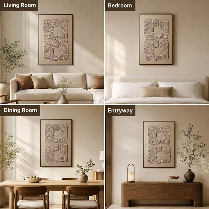 3D Textured Wall Art for Living Room, 1 Piece Wabi Sabi Abstract Sandstone Relief Artwork with Solid Catalpa Wood Frame, Minimalist Abstract Pictures for Hallway Entryway, Warm Oatmeal Beige, 24x36 In