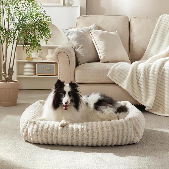 MIXJOY Dog Bed for Medium Sized Dogs, Washable Medium Dog Beds with Removable Cover, Rectangle Pet Beds with Non-Slip Bottom, Warming Calming Dogs Cuddler, 25"x21"x7", White