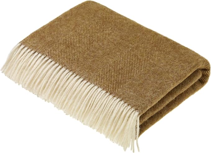 Moon Wool Plaid Throw Blanket, Pure New Wool, Herringbone Gold, Made in UK