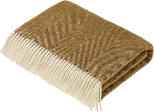 Moon Wool Plaid Throw Blanket, Pure New Wool, Herringbone Gold, Made in UK