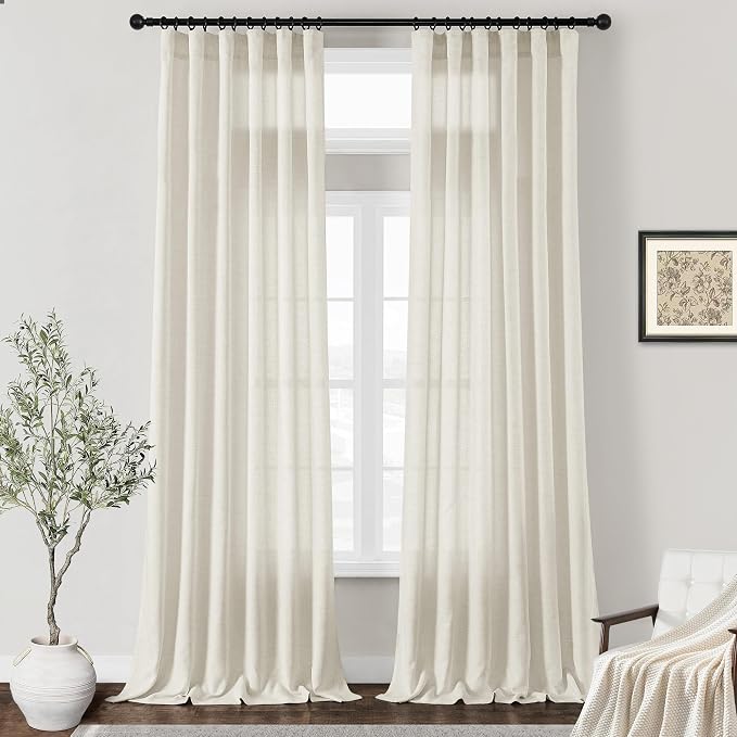 132 Inch Linen Curtains 2 Panels, Pleat Hook Belt Rod Pocket Privacy Semi Sheer Extra Long Hotel Curtain Drapes 132 Inch Length for Tall Windows High Ceiling Living Room, Natural, W50 x L132