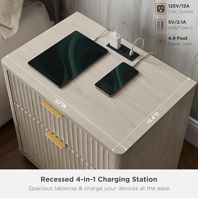 T4TREAM 23'' Fluted Nightstand Swith Charging Station, Large 2 Drawer Side Table, Modern End Table with Storage, Mid Century Bedside Table for Bedroom, Living Room, Curved Profile, White Alder