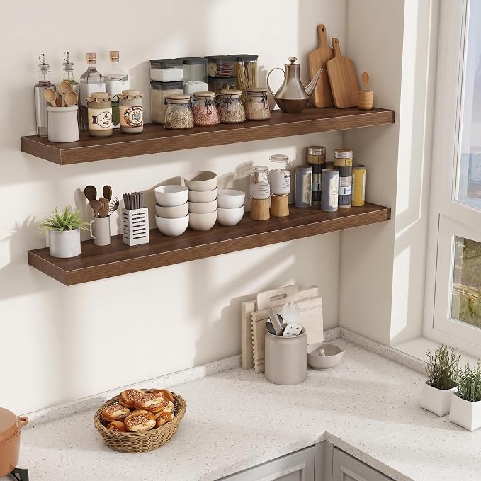 Fun Memories 55 Inch Fireplace Mantel Shelf, 10 Inch Deep Shelves for Display & Wall Storage, Rustic Wood Wall Shelf, Extra Long Floating Shelves for Living Room Laundry Room, Walnut, Set of 2