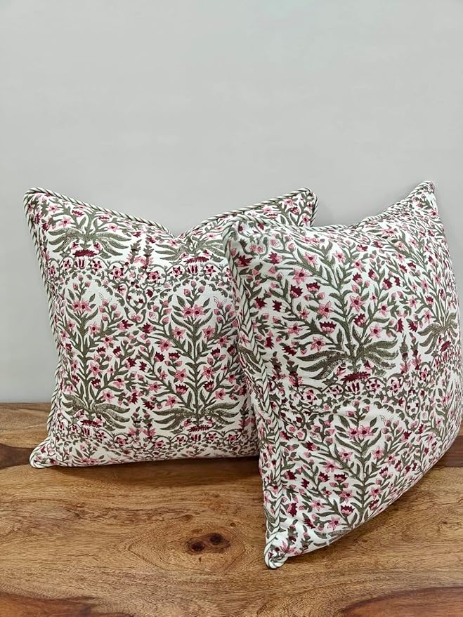 ATOSII Block Print Throw Pillow Covers, 18" X 18" - Set of 2, Decorative Couch Pillows for Living Room Bed Sofa, 100% Cotton Canvas Pillow Case for Home Decor & Outdoors, Preppy Throws - Nargis Pink