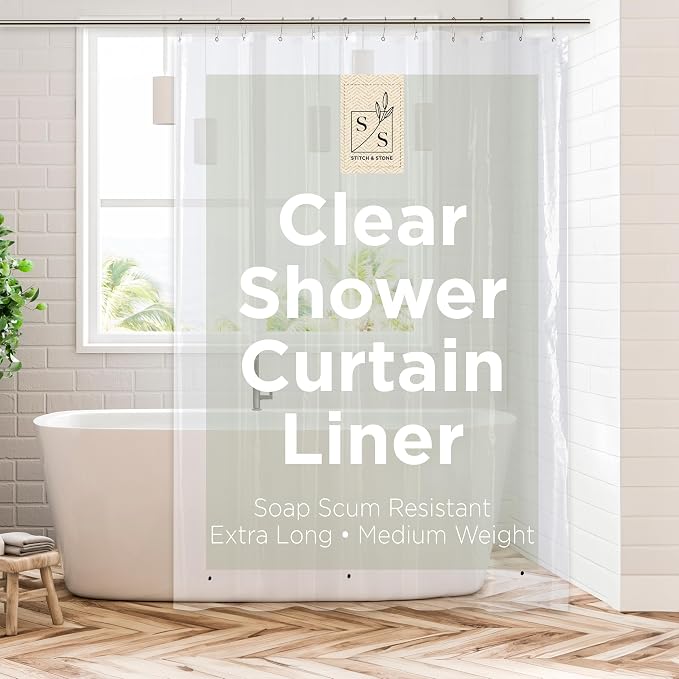 Stitch & Stone Shower Curtain Liner, Premium Medium Weight Durable Waterproof 6g PEVA for Bathroom with Weighted Magnets, Extra Long 72" x 96", Clear 1 Pack