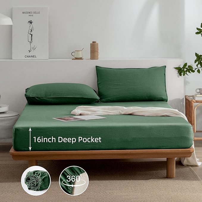 EVERLY Linen King Size Sheets Set,100% French Washed Pure Linen Bed Deep Pocket Sheets,4Pieces(1Flat Sheet,1Fitted Sheet,2Pillowcase) Suitable for Hot Sleepers,180GSM Dark Green Bedding Set