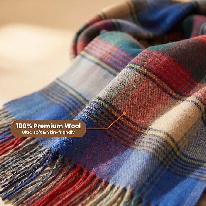 100% Wool Blanket Throw,Blue Plaid Wool Blanket with Compact Bag,Rustic Soft Lightweight Blanket for Couch,Sofa,Bed & Lounging Decoration, Warm Travel Blanket for Home, Airplane,Ideal Gifts 55"x83"