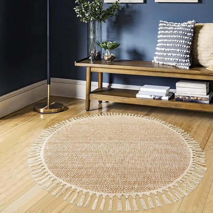 Collive Hand Woven Round Area Rug Soft Cotton Machine Washable Carpet 4ft Farmhouse Rugs with Tassels, Tan/Cream Circle Rugs for Bedroom Living Room Dining Room Table Office