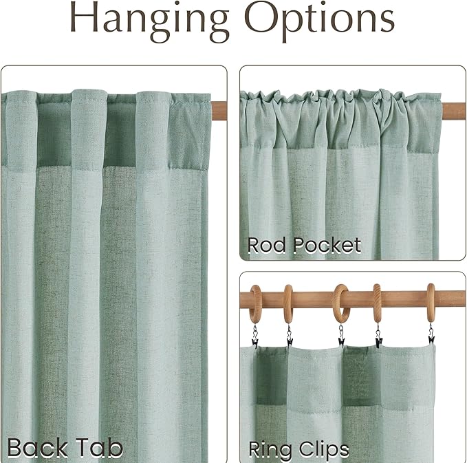 NICETOWN Linen Blend Sage Green Curtains 96 inches Long, Rod Pocket & Back Tab Light Filtering Semi Sheer Window Treatments Privacy Added Drapes for Living Room, W55 x L96, 2 Panels