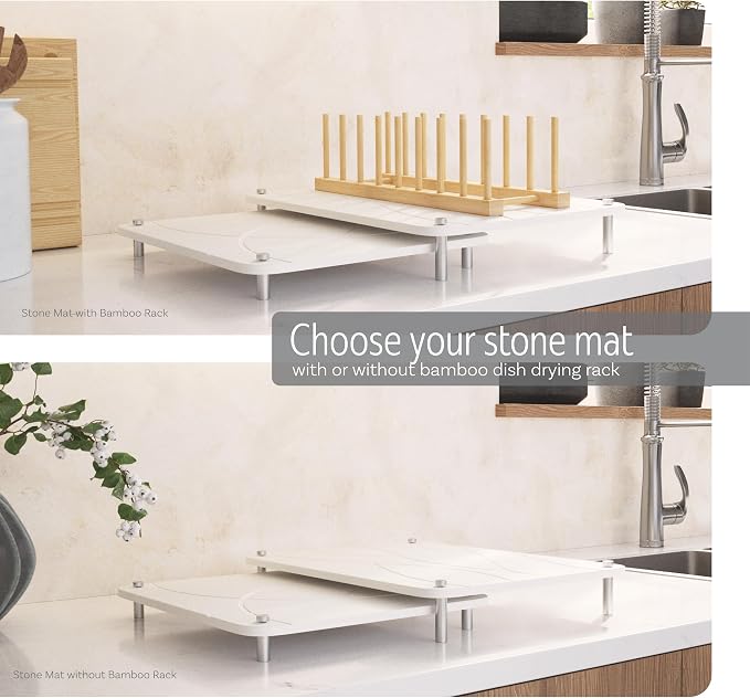 Nested Stone Drying Mat for Kitchen Counter | Large 16"x12" Dish Drying Mat plus 13"x12" Diatomaceous Earth Stone Dish Drying Mat | Expands to 29” x 12” | Premium Stone Mat (White)