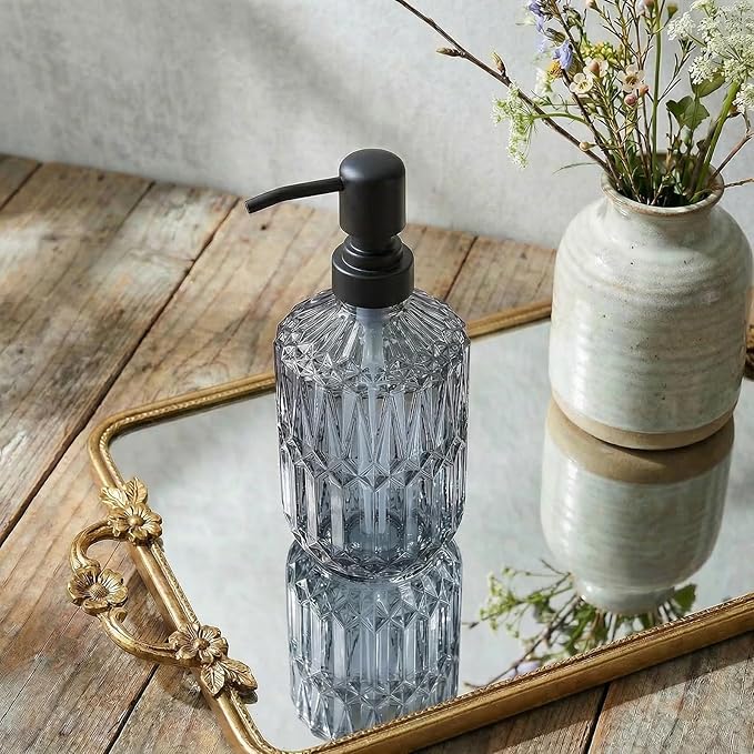 2-Pack Blue Glass Soap Dispenser with Black Rust Proof Pump, Elegant Bathroom Soap Dispenser, Vintage Kitchen Countertop Soap Dispenser for Hand Soap, Dish Soap, Lotion, Body Wash (14 OZ)