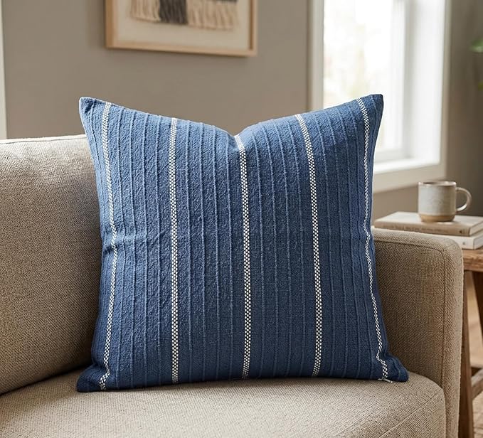 SanVia Cotton Throw Pillow Covers 20x20 – Handwoven Jacquard Texture, Fade-Resistant, No Pilling – Hidden Zipper, Decorative Cushion Cover for Sofa, Couch, Bed – Insert Not Included (Striped, Blue)