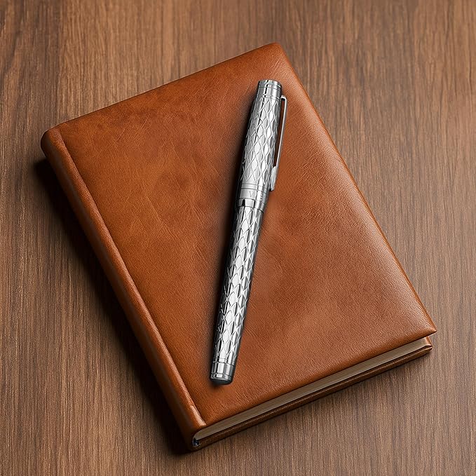‘The Mirror’ Silver Luxury Executive Fountain Pen, Woven Chrome Finish, Medium Nib, Smudge Free, No Bleed, Use Any Fountain Ink with Included Converter, Fits Cartridges (sold separately)