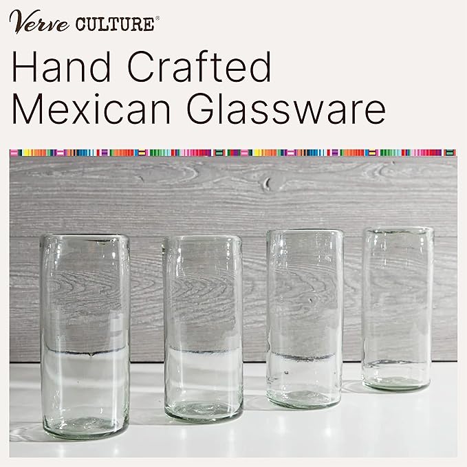 Verve CULTURE Mexican Highball Drinking Glasses, Unique Handblown Glassware, Glass Cups for Cocktails, Juice, Mixed Drinks, Elegant Tabletop Drinkware, Set of 4 (Clear, 16 oz)