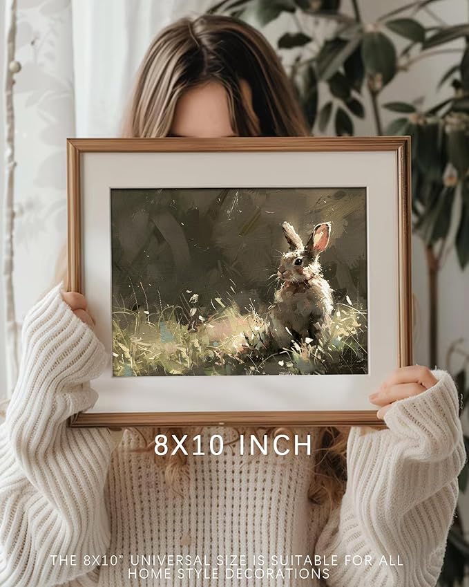 Vodefoad Vintage Rabbit Wall Art Prints Easter Wall Decor Neutral Bunny Canvas Oil Painting Farmhouse Style Bunny Drawing for Nursery Wall Decor Retro Easter Antique Rabbit Gallery wall Art for Bathroom Office Decor - 8x10Inch Unframe