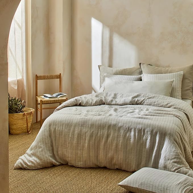 mixinni 3 Piece Striped Duvet Cover Set, Neutral Washed Cotton Linen Blend Bedding, Vintage Stripe Comforter Cover with 2 Pillowcases, Soft Breathable Farmhouse Bed Set for All Season-King Size
