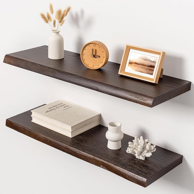 32" Live Edge Floating Shelves, Solid Elm Wood Shelf, Set of 2 | 1.4" Extra Thick, 9.3" Deep Heavy Duty Storage, Brown Finish Solid Elm Floating Shelves for Kitchen & Living Room