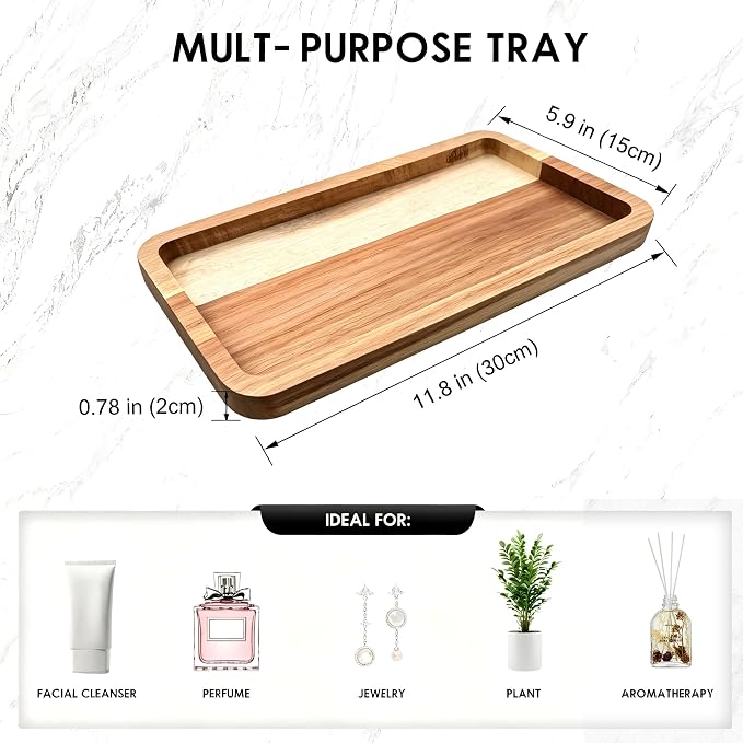 Vanity Bathroom Tray for Counter, Wood Tray for Bathroom, Toilet Tank, Perfume 11.8L x 5.9W x 0.8H inch (Acacia)