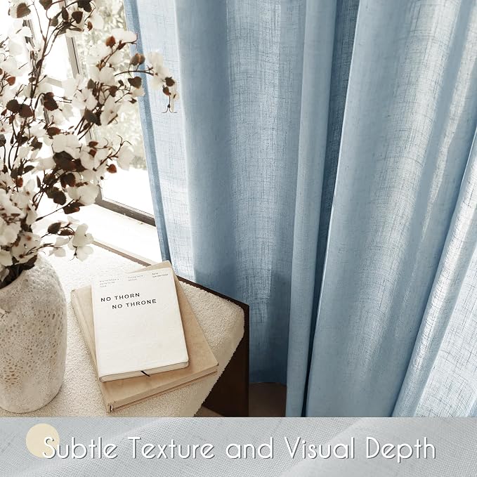 Dusty Blue Linen Curtains for Living Room Back Tab Light Filtering Semi Sheer Bedroom Curtain Linen Cotton Textured Grey Blue Drapery Panel Airy Modern Farmhouse Aesthetic Decor 52x102 Long