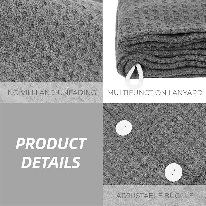 MaopaoBeauty Hair Towel Terry Cloth Absorbent Dry Anti Frizz Twist Plopping Curly Shower for Women Wet Hair 1Pack Grey Waffle Long Hair Head Wraps Quick Dry Hair Drying Towels Button