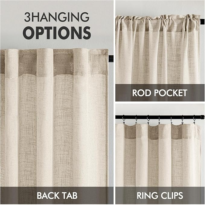 MIULEE Beige Linen Curtains 108 Inches Long 2 Panels for Bedroom Living Room, Soft Linen Textured Window Drapes Semi Sheer Light Filtering Back Tab Rod Pocket Farmhouse Modern Burlap Look Decor