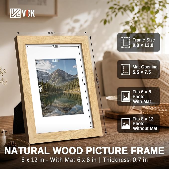 VCK 8x12 Picture Frames Natural - 3 Pack, Wide Border Solid Wood, Tempered Glass, Display 6x8 Photo with Mat or 8 x 12 Without, for Home, Office, Gallery, Woodgrain Series, Tabletop & Wall Hanging