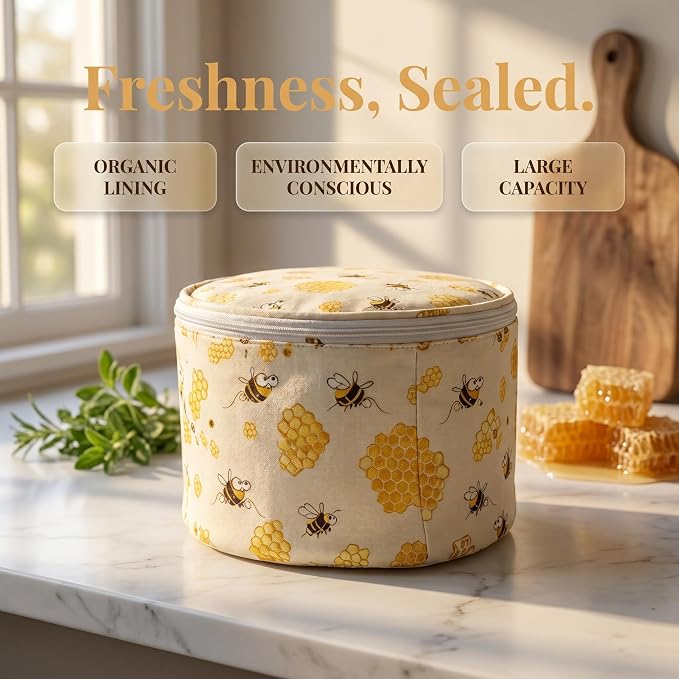 Organic Cotton Beeswax Bread Bags 9.8" x 6.Cotton Wash. Reus. Eco | Natural beeswax locks in freshness. Large reusable round Bread Bags for homemade sourdough. Organic cotton, freezer-safe