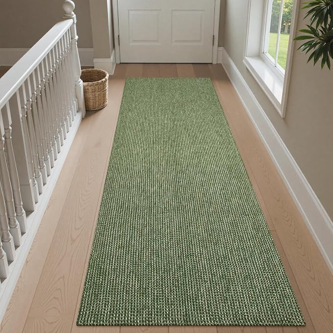 Uphome Kitchen Runner Rug, 2x7 Washable Boho Rug Runners for Hallways Non Slip, Low Pile Woven Cotton Modern Carpet Runners, Stain Resistant Bedroom Runner Rug for Hallway Entryway Entrance, Green