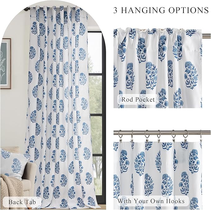 NICETOWN Blue Floral Linen Curtains 84 inches Long Pattern Printed for Girls Bedroom Nursery, Boho Farmhouse Window Sheer Curtain Drapes Aesthetic Light Filtering Privacy 2 Panel Sets, 55" W