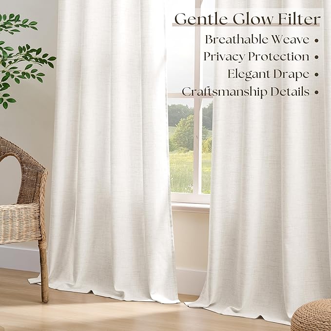 Off White Linen Curtains 96 Inch Length 2 Panels Set Ivory Cream Colored Light Filtering Semi Sheer Grommet Drapes Thick Linen Privacy Floor to Ceiling Length Curtain Living Room 8ft