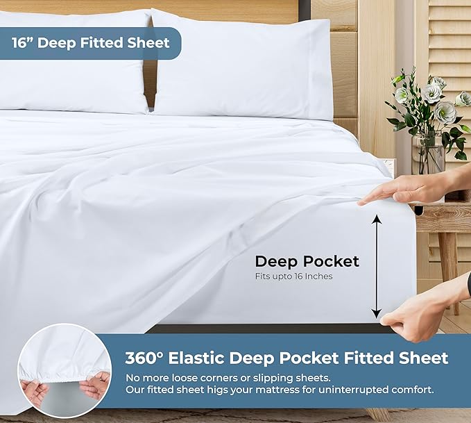 ROYALE LINENS 100% Organic Cotton Full Sheet Set - Percale Weave - 4 Pieces Set - 1 Flat, 1 Deep Pocket Fitted Sheet and 2 Pillowcases - White Bed Sheets - Sábanas Full - Crisp Cool (White)