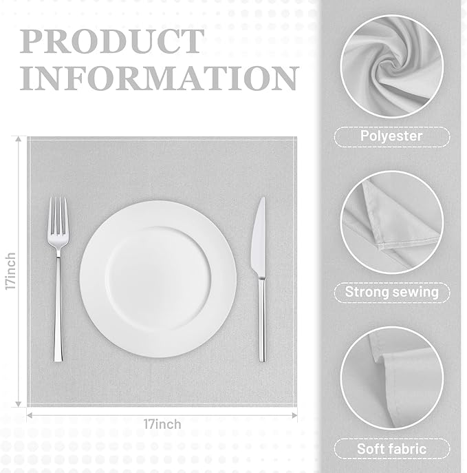 SuperO Set of 40 Cloth Napkins 17 x 17 Inch, Polyester Solid Washable Dinner Napkins with Hemmed Edges,Great for Restaurant, Wedding and Party(Silver)