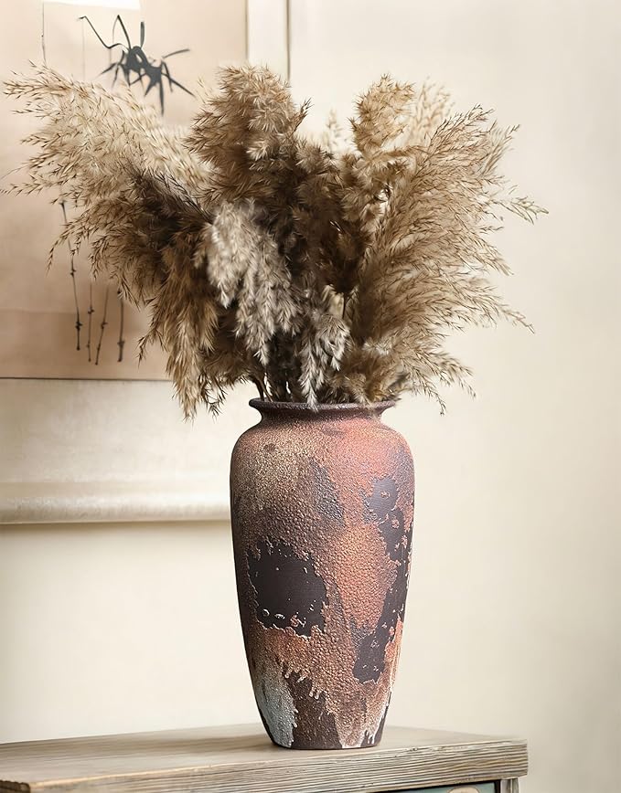 GeLive Large Rustic Ceramic Vase, 12 Inch Textured Distressed Brown Pottery, Handmade Wabi Sabi Boho Farmhouse Vase for Pampas Grass, Fresh & Dried Flowers, Living Room, Entryway, Table Centerpieces