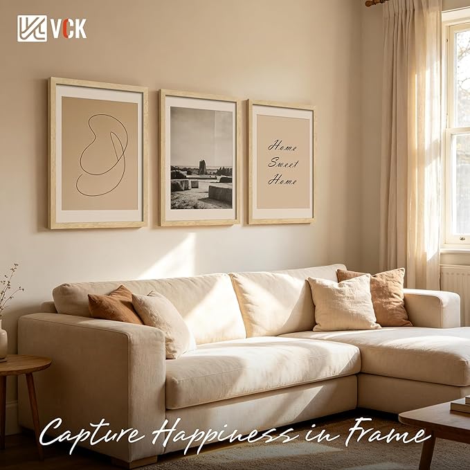 VCK 16x24 Frame Set of 3, Natural Solid Wood Picture Frame with Exclusive Wood Grain, Wall Hanging